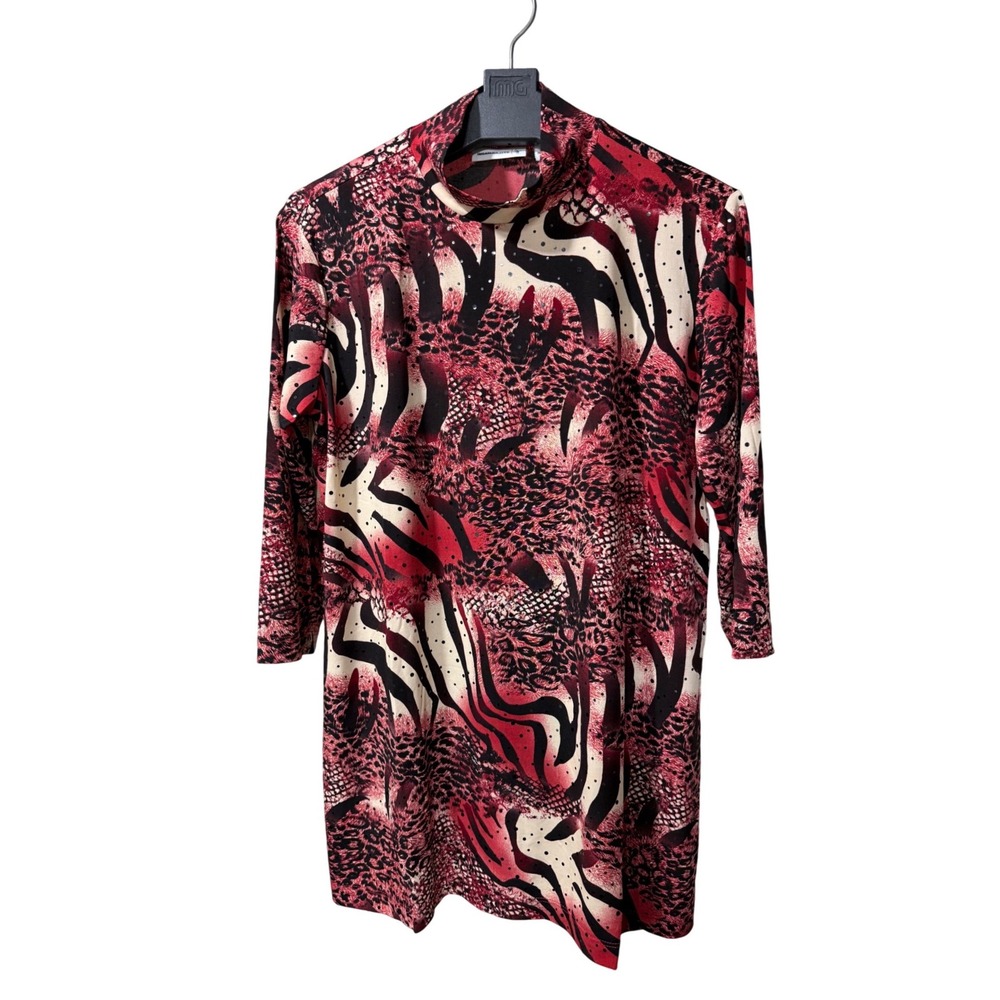 Susan Graver Red Animal Print Mock Neck Tunic Top Medium Rhinestone 3/4 Sleeve